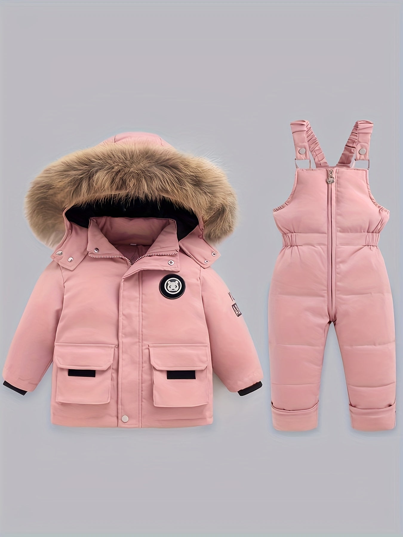 Kids' Winter Warmth: Hooded Down Jacket & Overalls Set - Cozy Polyester, Zip-Up, Non-Stretch, Letter Print, Long Sleeve, No-Belt, Regular Fit for Boys & Girls - Perfect for Outdoor Play