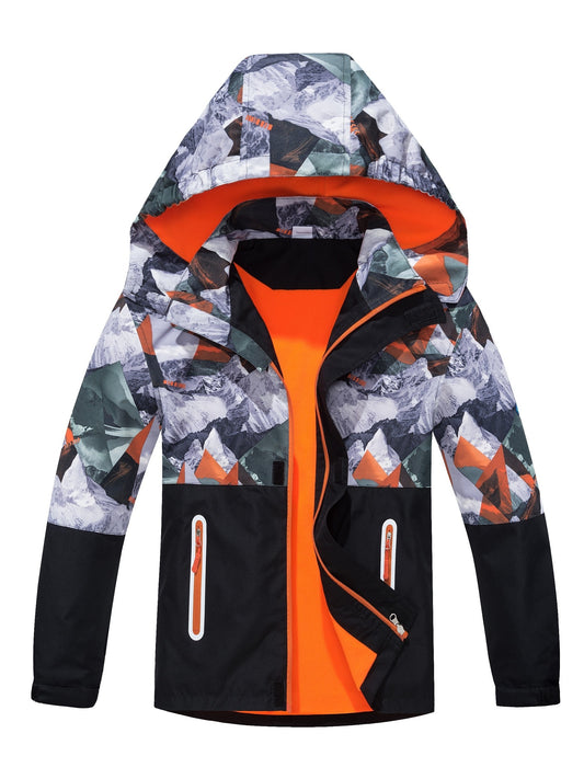 Boys Camouflage Splicing Rain Jacket For Kids Waterproof Coat With Removable Hood Lightweight Hooded Fleece Lined Raincoats Windbreakers