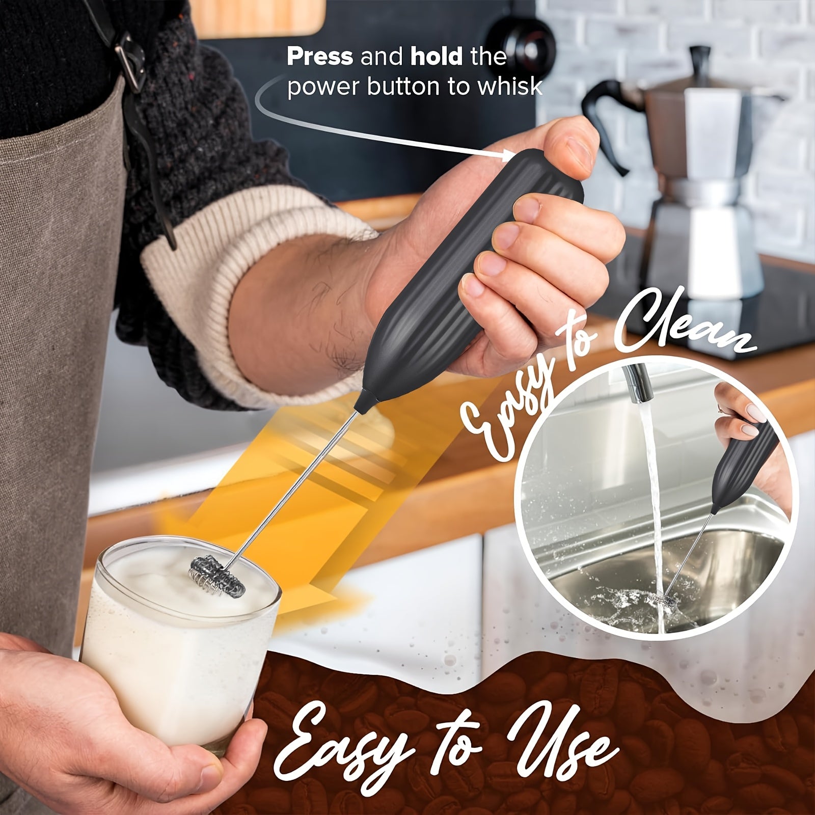 Professional Milk Frother & Foam Maker, Handheld Battery-Powered Whisk for Coffee, Latte, Cappuccino, Hot Chocolate, Portable Stainless Steel  Blender with 2 AA Batteries (Not Included) Barista-Grade Tool for Home, Travel & E