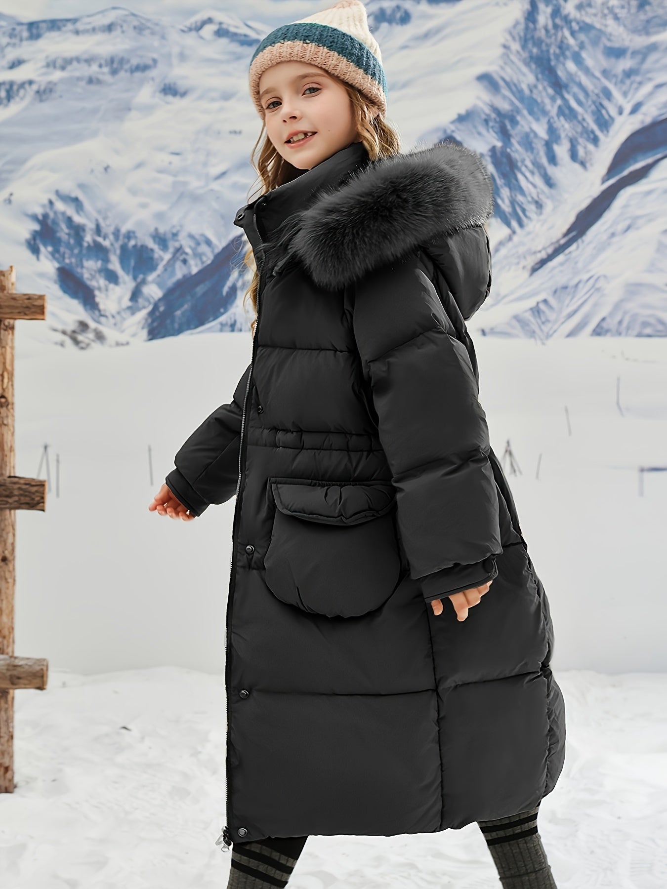 Girls Winter Long Hooded Coat With Large Pockets, Elegant Style Furry Hooded Coldproof Long Snow Suits