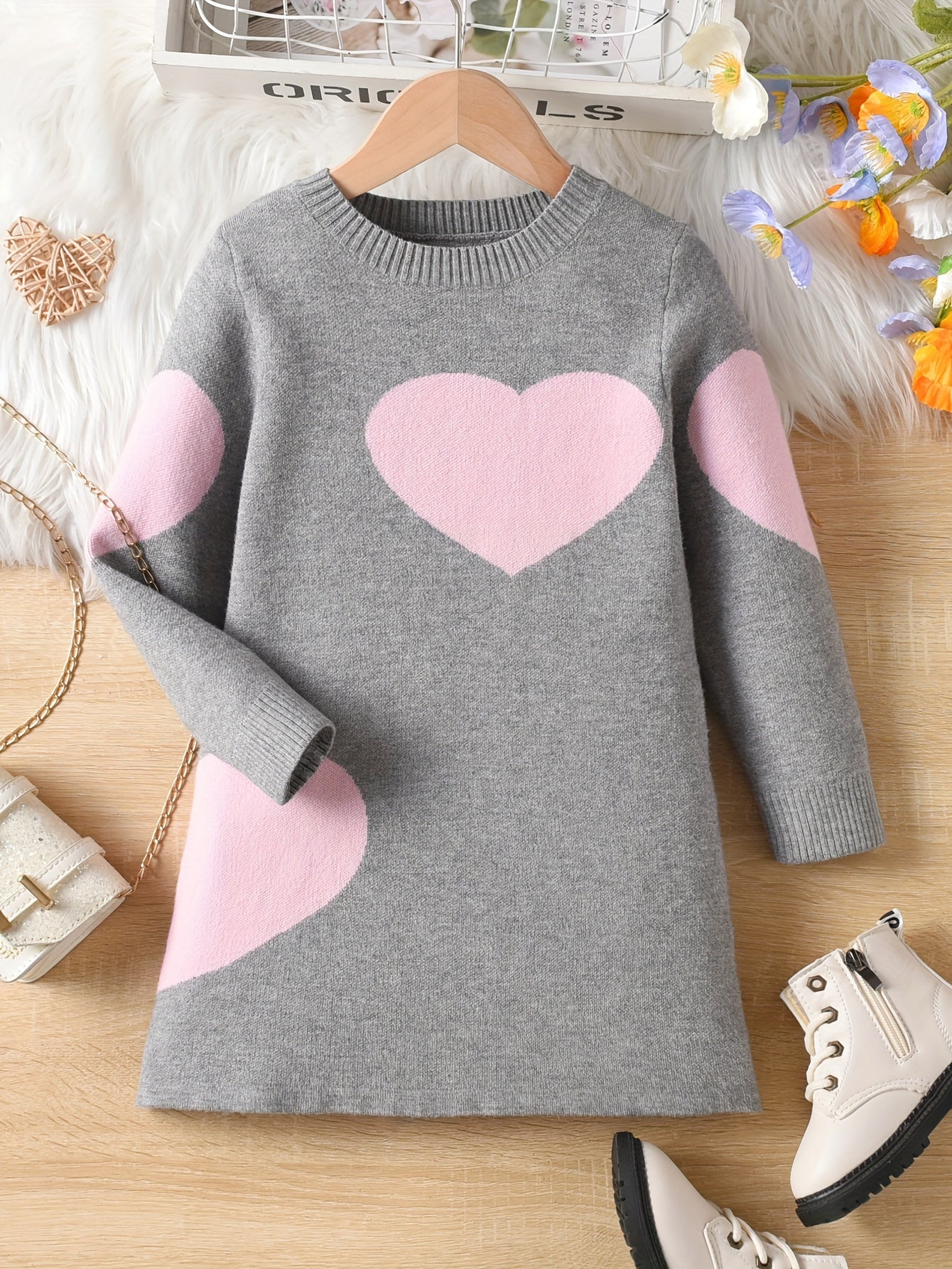 Long Sleeve Girls Warm & Comfy Hearts Pattern Knitted Sweater Dress for Spring & Fall