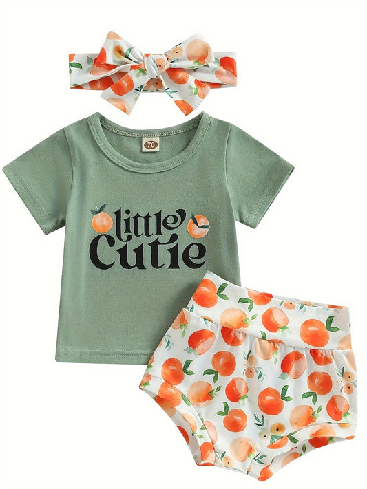 2pcs Infant & Toddler's LITTLE CUTIE Print Casual Set, T-shirt & Peach All-over Print Shorts, Baby Girl's Clothes