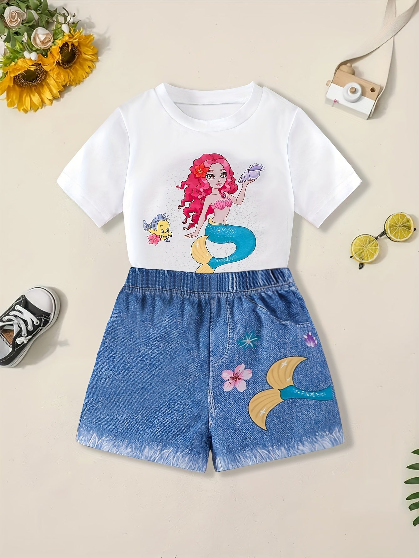 Girls' Summer Mermaid Print T-Shirt & Faux Denim Floral Shorts Set - Casual, Machine Washable