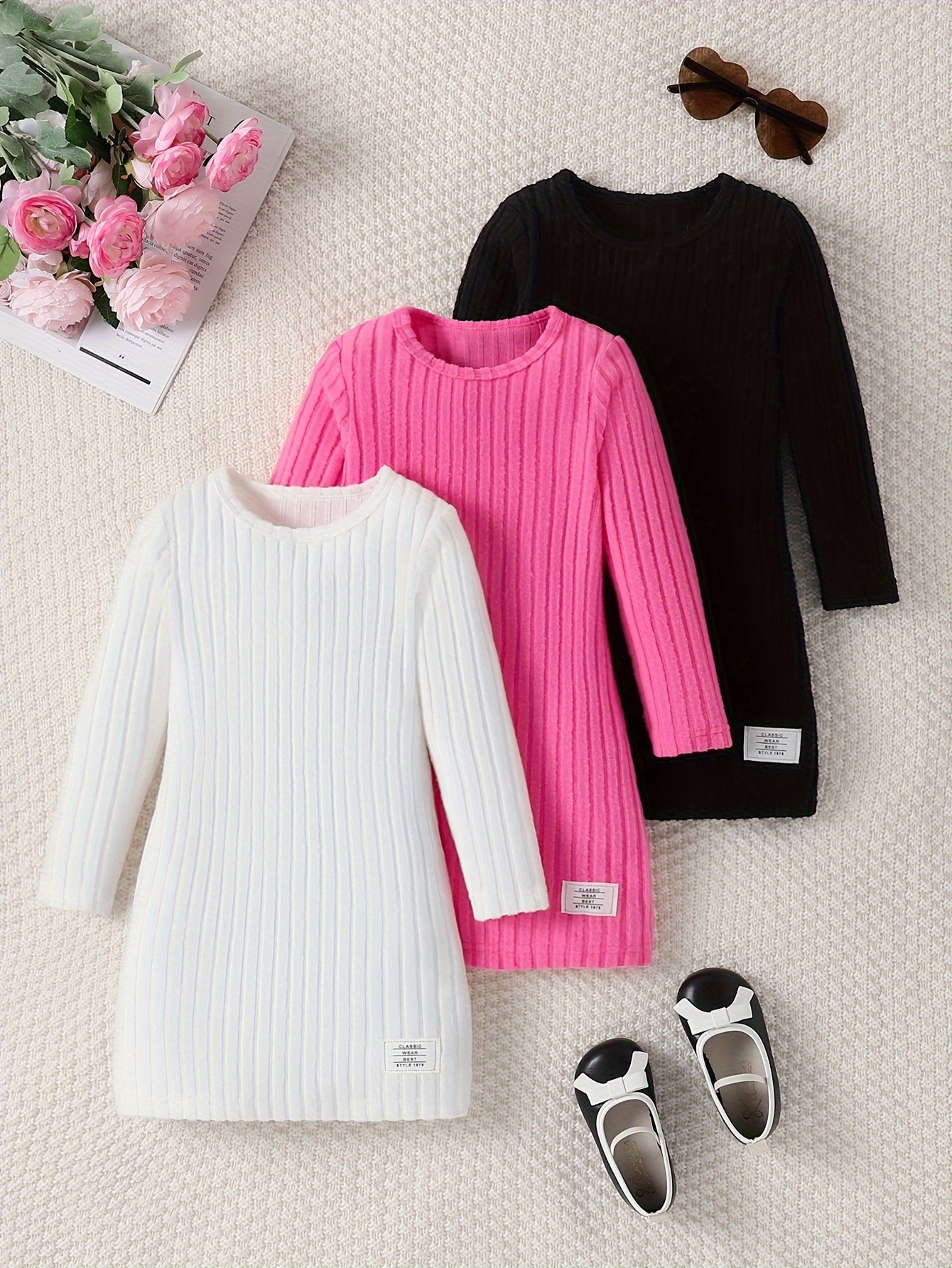 3pcs Solid Ribbed Knit Comfy Dress Set for Girls, Elegant Dresses for Spring Fall Gift, Outdoor Cloth