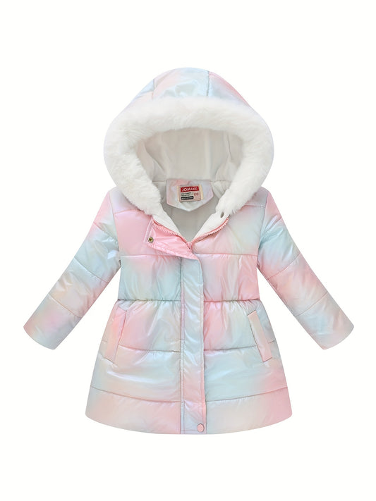 For Girls Thermal Fleece Lined Hooded Elegant Tie Dye/Solid Color Preppy Down Alternative Jacket for Winter/Fall