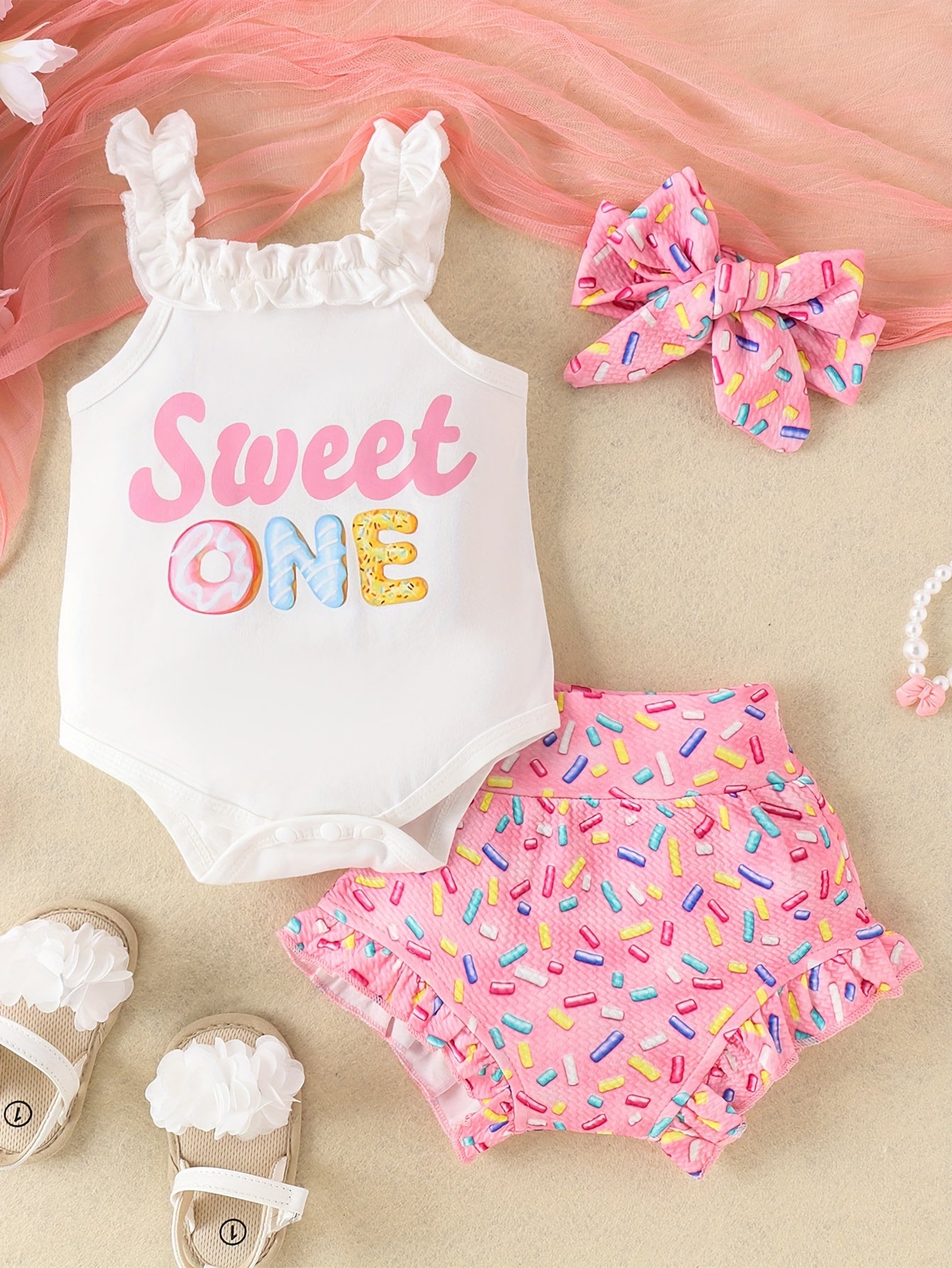 2pcs Toddler & Infant Girl's "Sweet One" Donut Print Ruffled Bodysuit, Triangle Shorts & Hairband Set for Summer Party