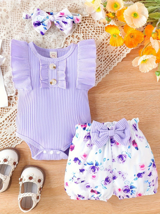 2pcs Infant's Casual Summer Set, Solid Color Ribbed Bodysuit & Floral Pattern Shorts, Baby Girl's Clothes