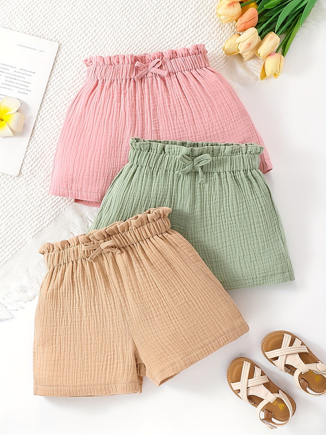 3pcs Girls’ Muslin Bow Decor Shorts – Soft, Breathable, 100% Cotton Summer Outfit