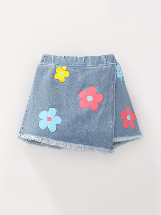 Vibrant Floral Culottes - Asymmetrical, Non-Stretch Denim Shorts with Machine Washable Convenience - Perfect for Casual Summer Outings