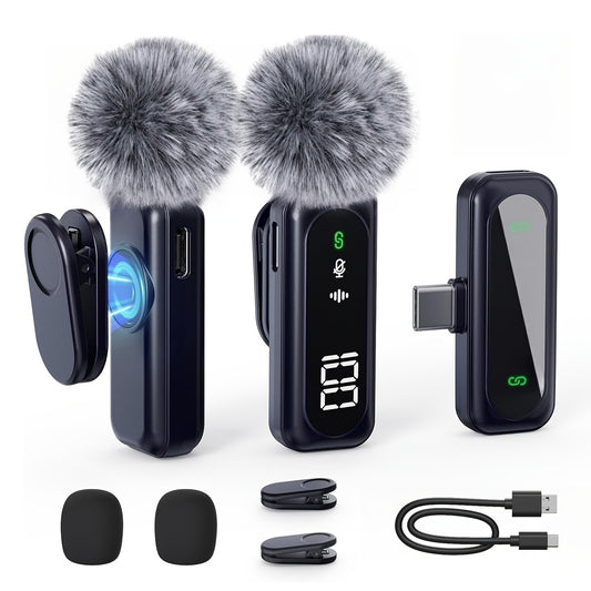 Professional Wireless Lavalier Microphone with Digital Battery Display, Feather Windshield, 360° Omnidirectional, USB-C Connector, 100ft Range, 2.4G Wireless Function, DSP Chip Professional Noise Reduction, Rotatable Magneti