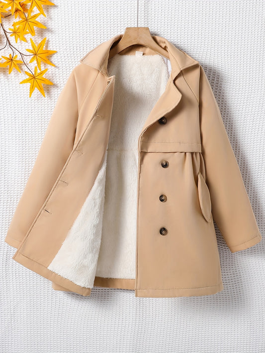 Long Sleeve Fleece-lined Thermal Girls Lapel Peacoat, Elegant Trench Coat for Winter