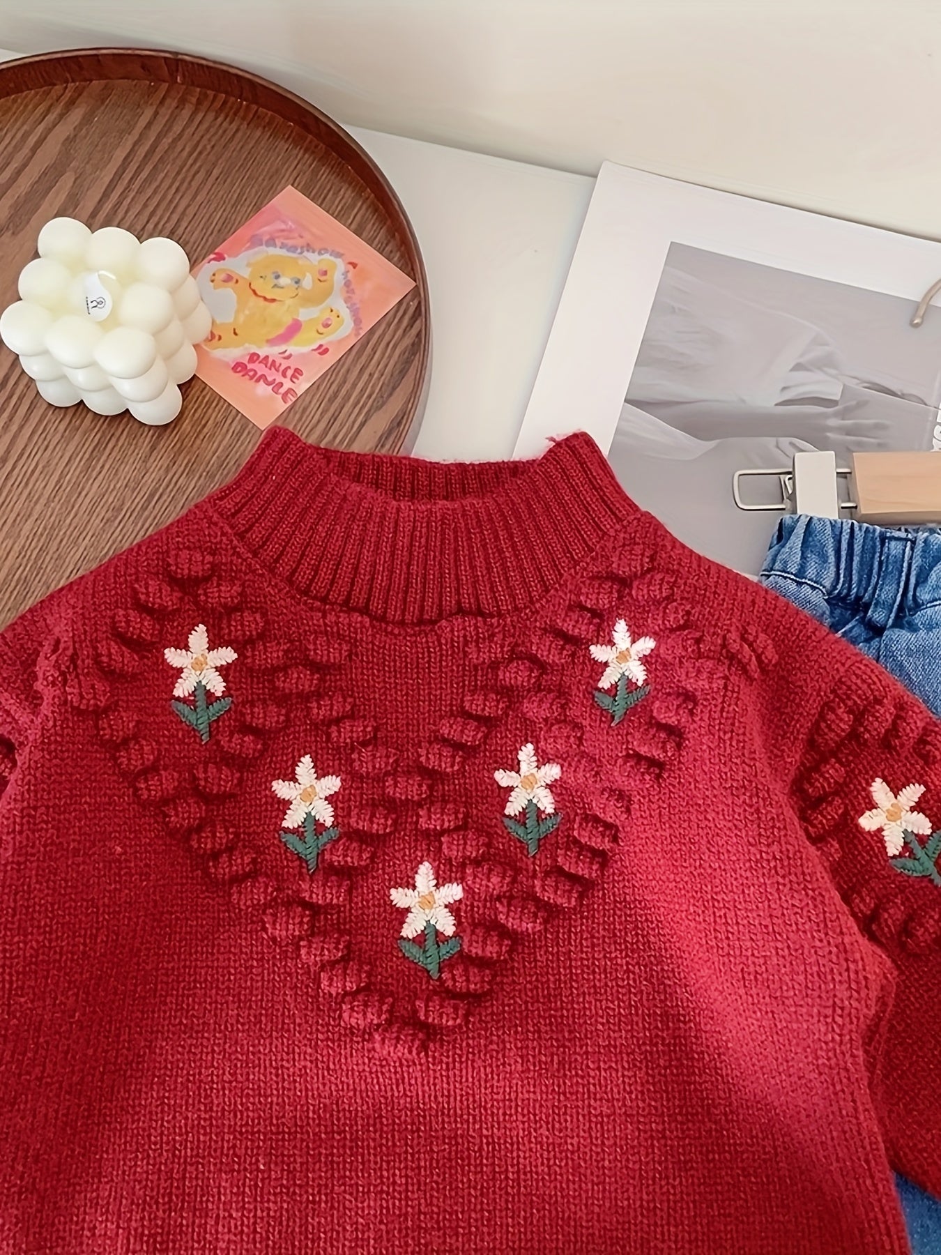 Thick Sweet Flowers Pattern Knit Comfy Crew Neck Long Sleeve Sweater For Girls Winter/ Fall Clothing