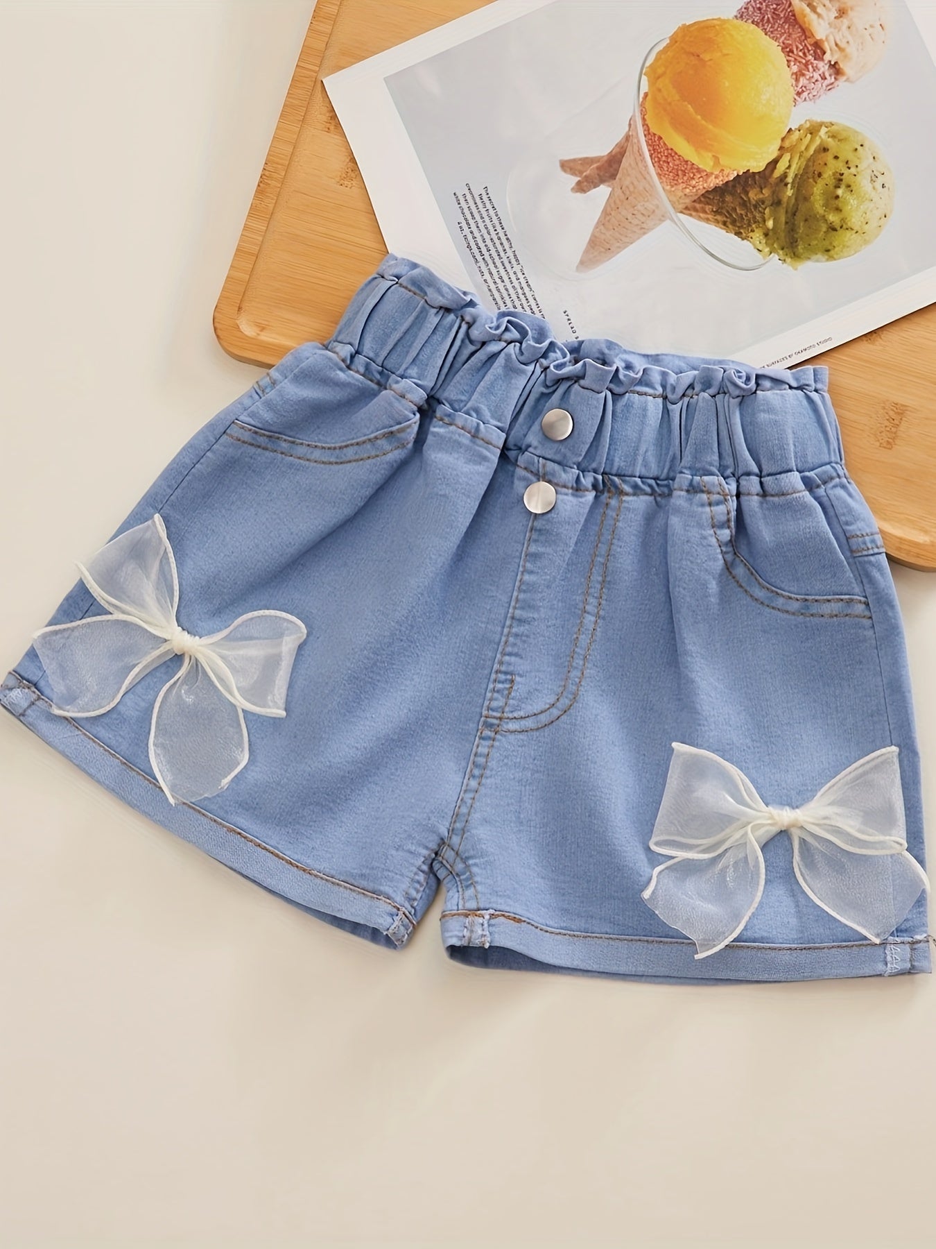 Girls' Floral Patched Light Blue Jean Shorts - 82% Cotton, Elastic Waist, Cuffed Hem, Casual All-Match