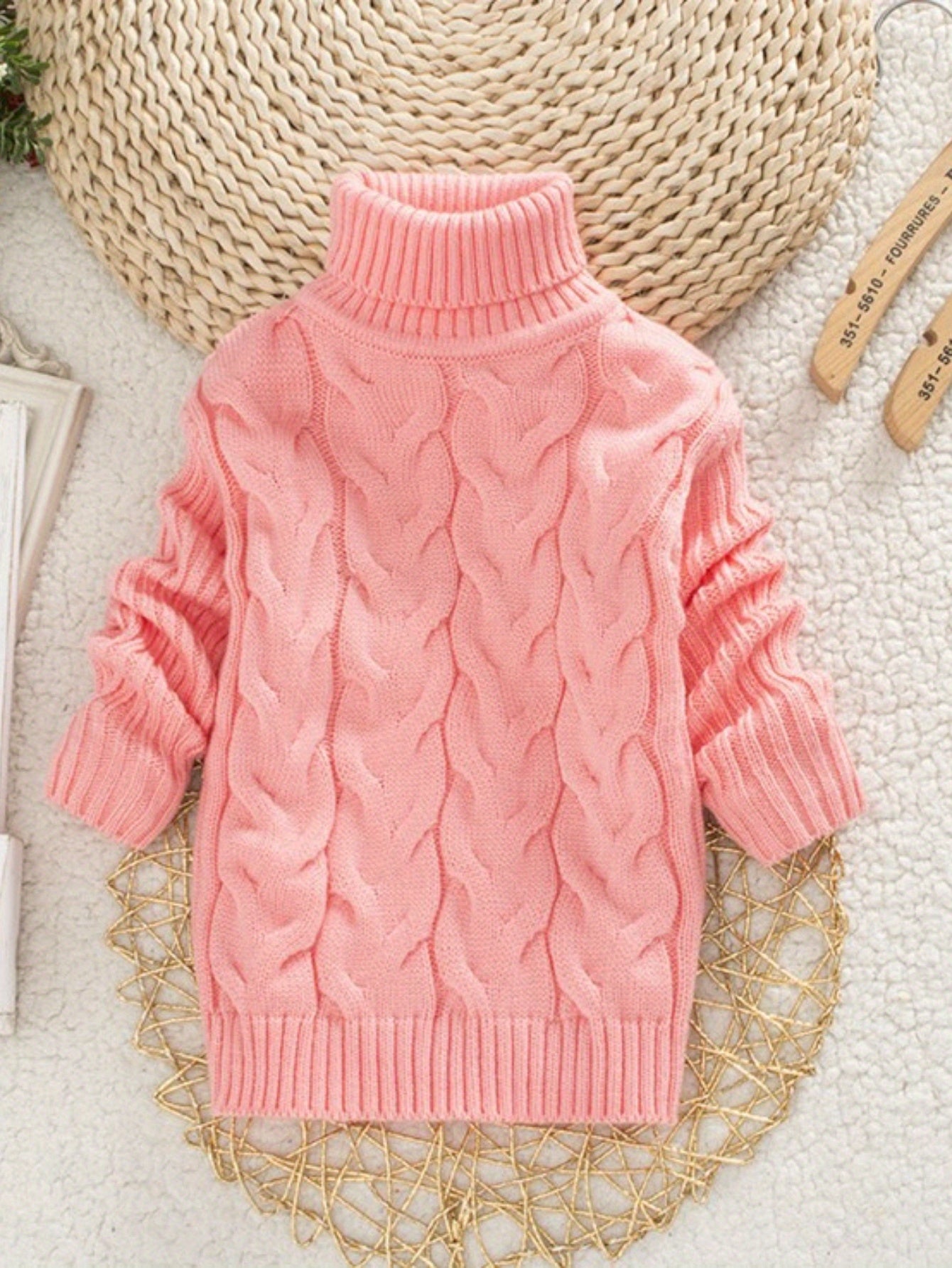 Kids’ High Neck Knit Sweater – Solid Color Torsade Pattern Long Sleeve Pullover