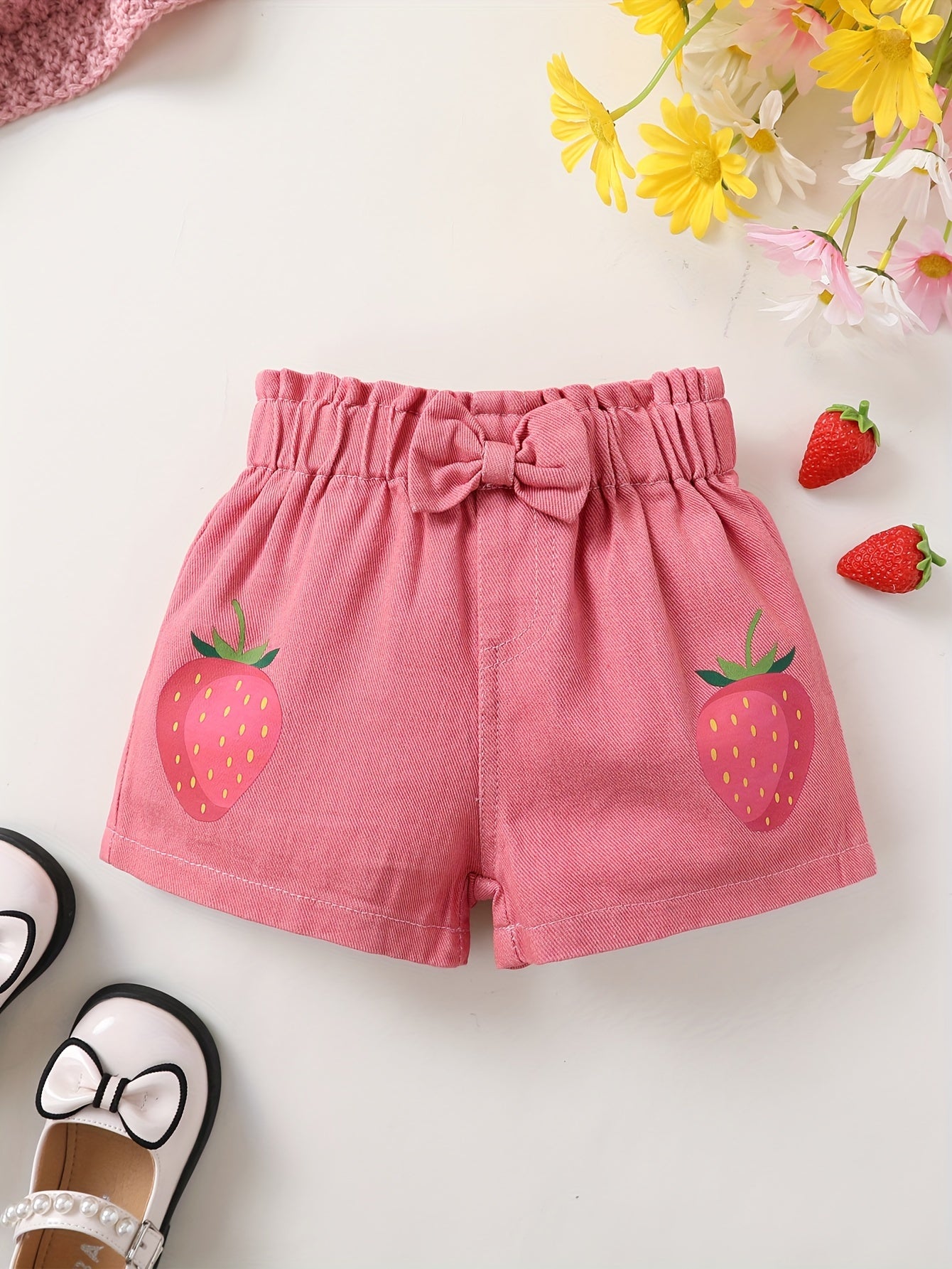 Girls' Strawberry Print Summer Outfit – T-Shirt & Bow-Knot Shorts