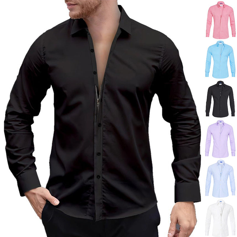 Long Sleeve Zipper Shirt With Button Design Fashion Lapel Tops For Mens Clothing