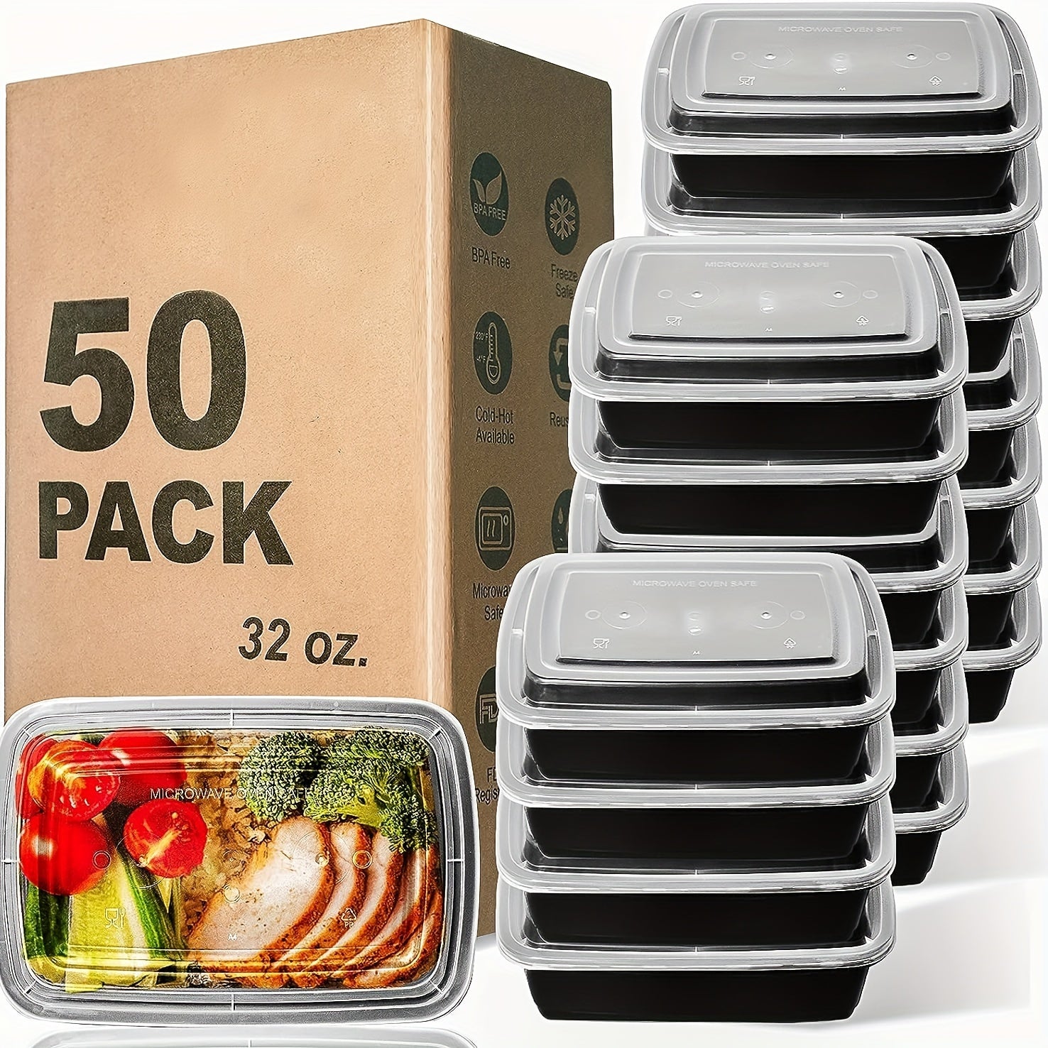 50 Pack 32Oz Meal Prep Plastic Food Storage Containers with Lids Compartment Black Rectangular Reusable Bpa-Free Microwavable Freezer Dishwasher Safe Stackable