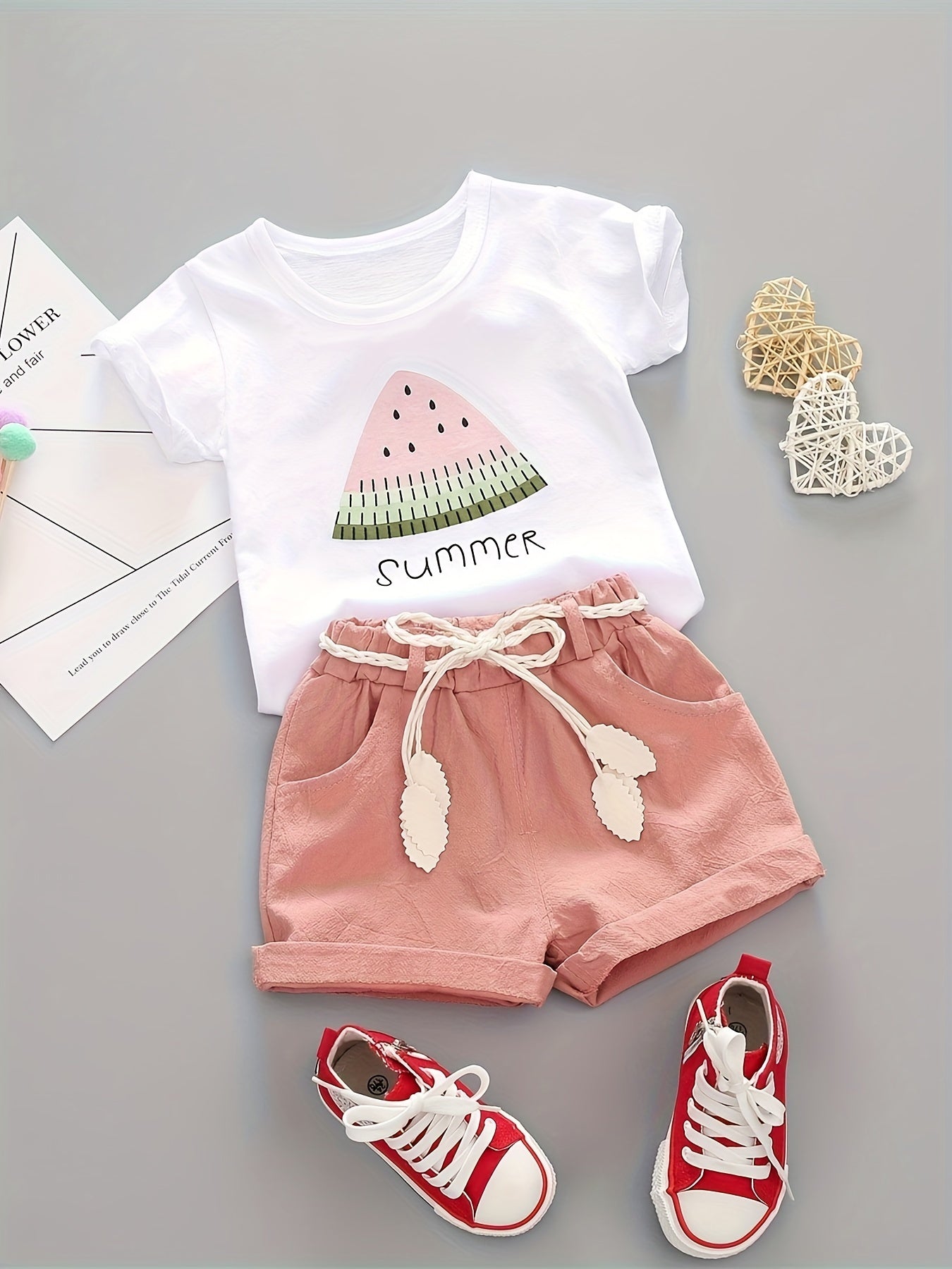 Two-Piece Watermelon Print Short Sleeve Cute Girls Layette Set - Soft Fabric, Elastic Waistband, Adorable Design