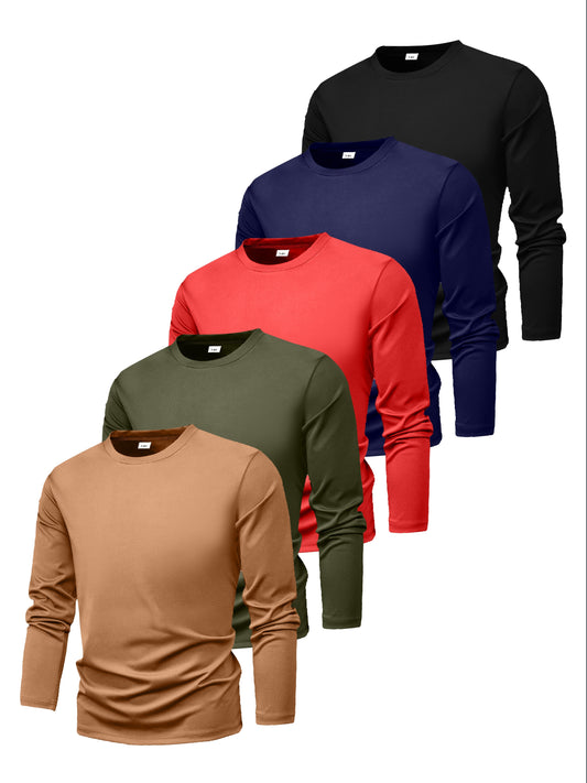 5pcs Boys’ Plain Color Long Sleeve T-Shirts – Lightweight & Comfy Casual Tops