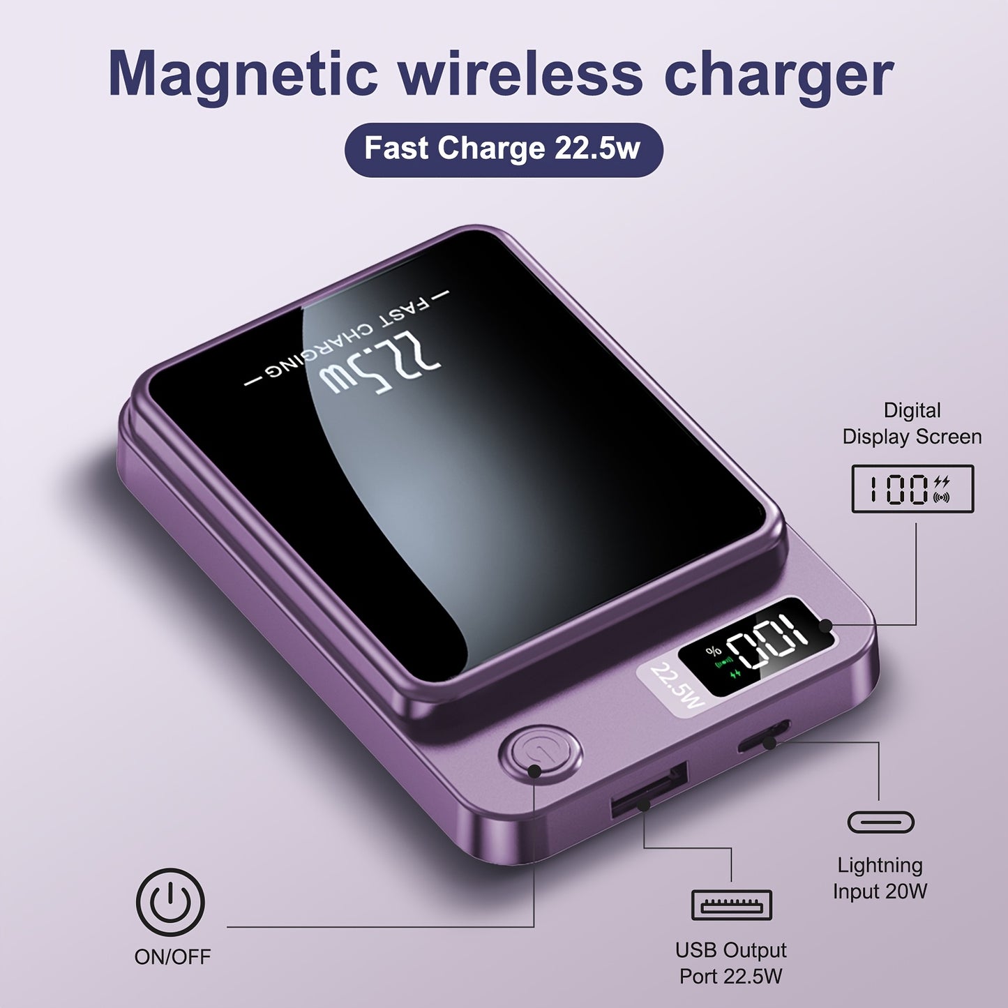 Sunthon Magnetic Wireless Charging Power Bank, 10000/5000mAh Portable Wireless Charger, 22.5W/PD20W Fast Charging Battery Pack, with LED Power Display, 2 Outputs And Dual Input External Battery Pack for iPhone 17/16/15/14/13/