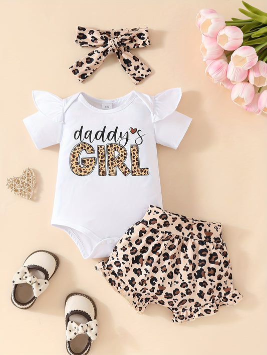 2pcs "Daddy's Girl" Print Trendy Summer Outfit, Ruffle Decor Short Sleeve Bodysuit & Leopard Pattern Shorts Set with Hairband for Toddler & Infant Girl's Daily/Holiday/Party Clothes