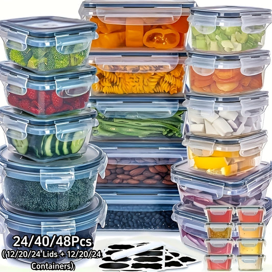 24/40/48pcs Food Storage Container, Fresh-Keeping Boxes, Easy-to-Secure Lids (12/20/24 Lids + 12/20/24 Containers)- Airtight Plastic Containers, Suitable For Pantry, Travel, Outdoor Picnics, Kitchen Organization, Comes With L