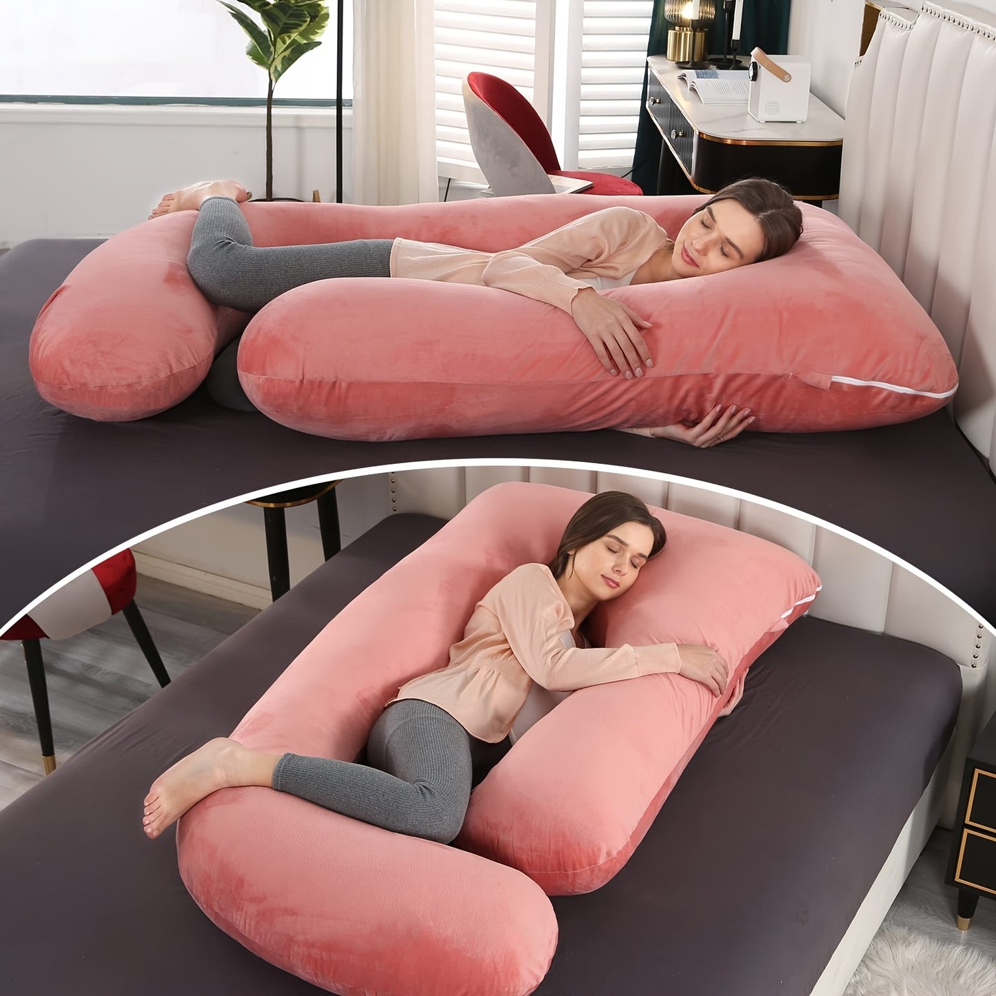 60-inch J-Shaped Full Body Pillow, Maternity Pillow, Maternity Full Body Pillow with Velvet Pillowcase, Full Body Pillow with Back, Leg, And Tummy Support, Helps Ensure Adequate, Comfortable Sleep, Halloween And Christmas Gif