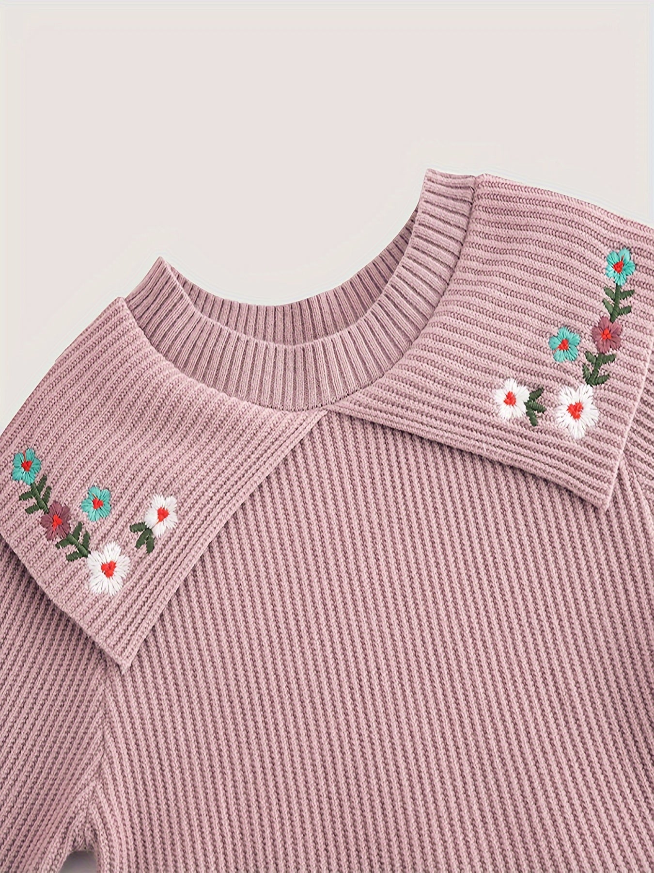 Girls' Embroidered A-line Short Sweater Dresses with Knitted Flower Pattern Lapel Collar for Fall Winter