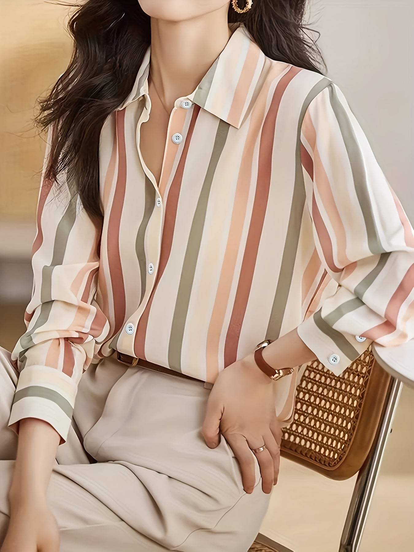 Color Block Button Front Shirt Spring And Autumn Casual Long-sleeved Shirt Women's Wear