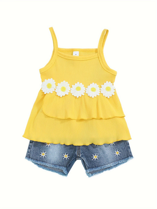 Toddler Kids Girls Summer 2-Piece Suit Baby Girls Short Sets Girls Sunflower Sleeveless Suit