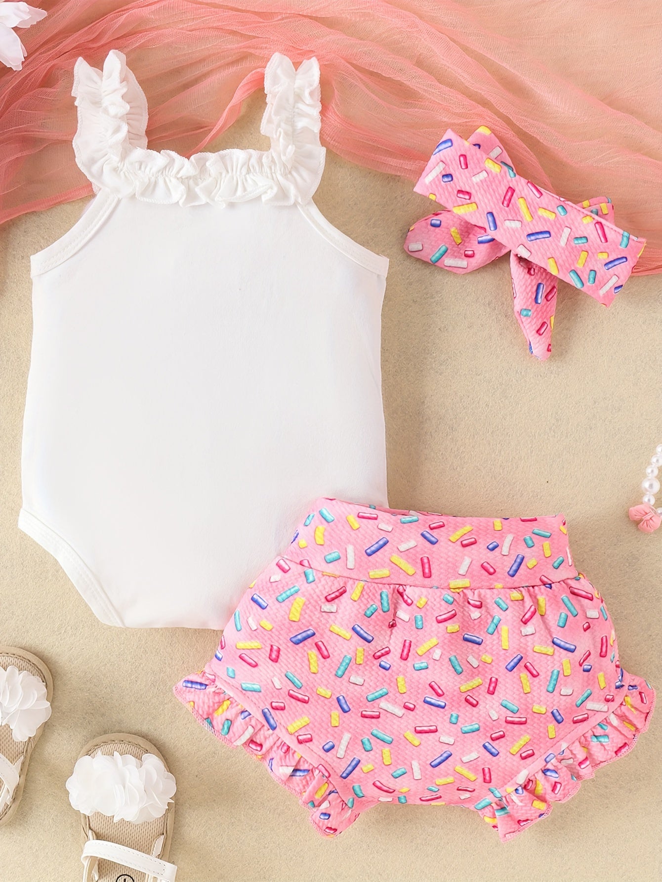 2pcs Toddler & Infant Girl's "Sweet One" Donut Print Ruffled Bodysuit, Triangle Shorts & Hairband Set for Summer Party