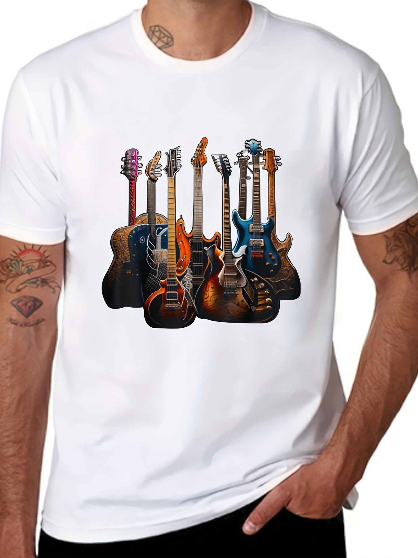 Men's Guitar Graphic Tee - Short Sleeve Crew Neck Cotton T-shirt for Outdoor Casual Wear with Comfortable Fit and Stylish Print Design