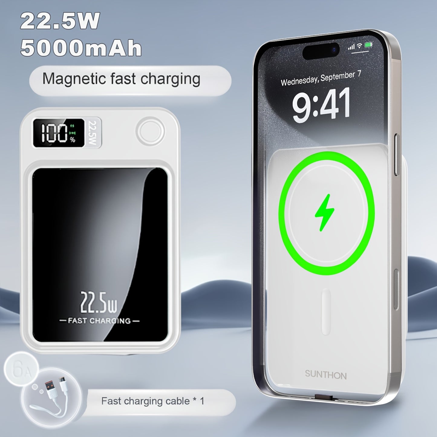 Sunthon Magnetic Wireless Charging Power Bank, 10000/5000mAh Portable Wireless Charger, 22.5W/PD20W Fast Charging Battery Pack, with LED Power Display, 2 Outputs And Dual Input External Battery Pack for iPhone 17/16/15/14/13/