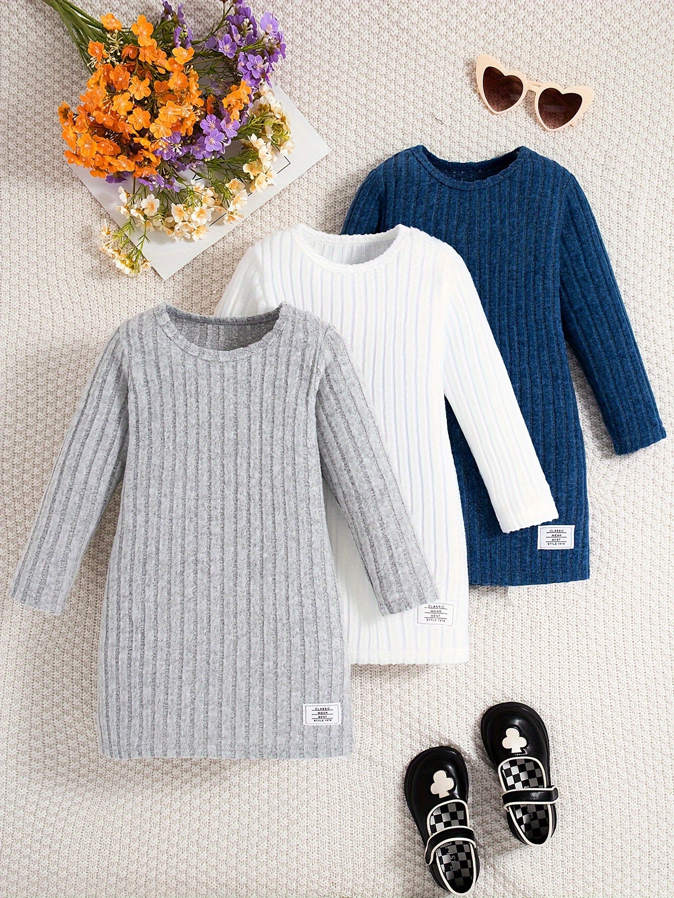 3pcs Solid Ribbed Knit Comfy Dress Set for Girls, Elegant Dresses for Spring Fall Gift, Outdoor Cloth