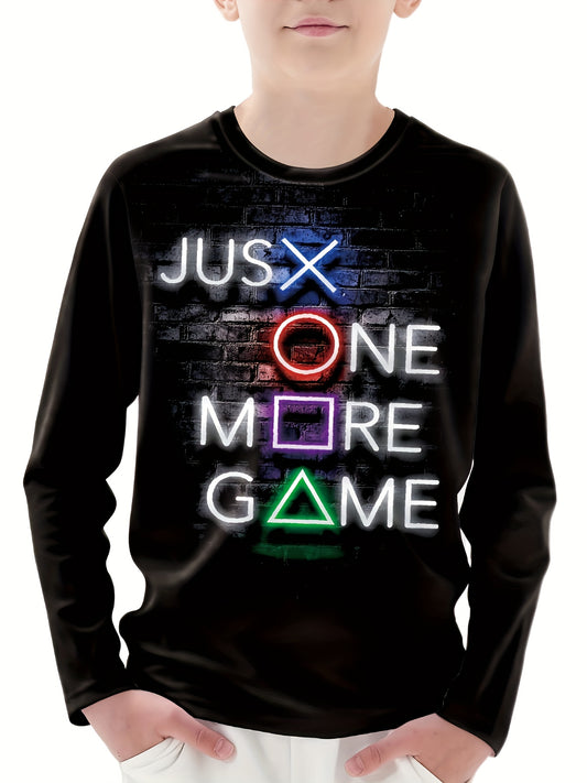 Lightweight Comfy JUST ONE MORE GAME Print Children's Vitality T-shirt, Boys Long Sleeve Round Neck Casual Top