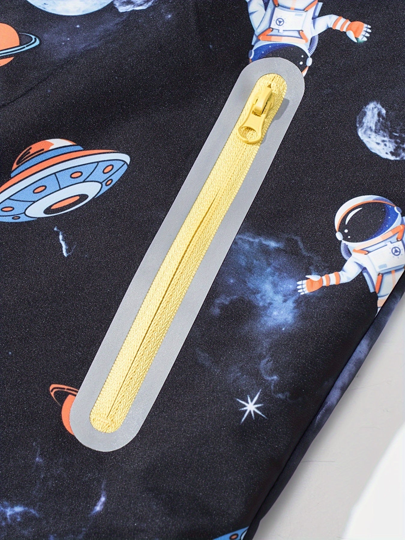 Boys Cartoon Space Astronaut Print Windbreaker Fleece Lining Jacket With Detachable Hood, Long Sleeve Zip Up