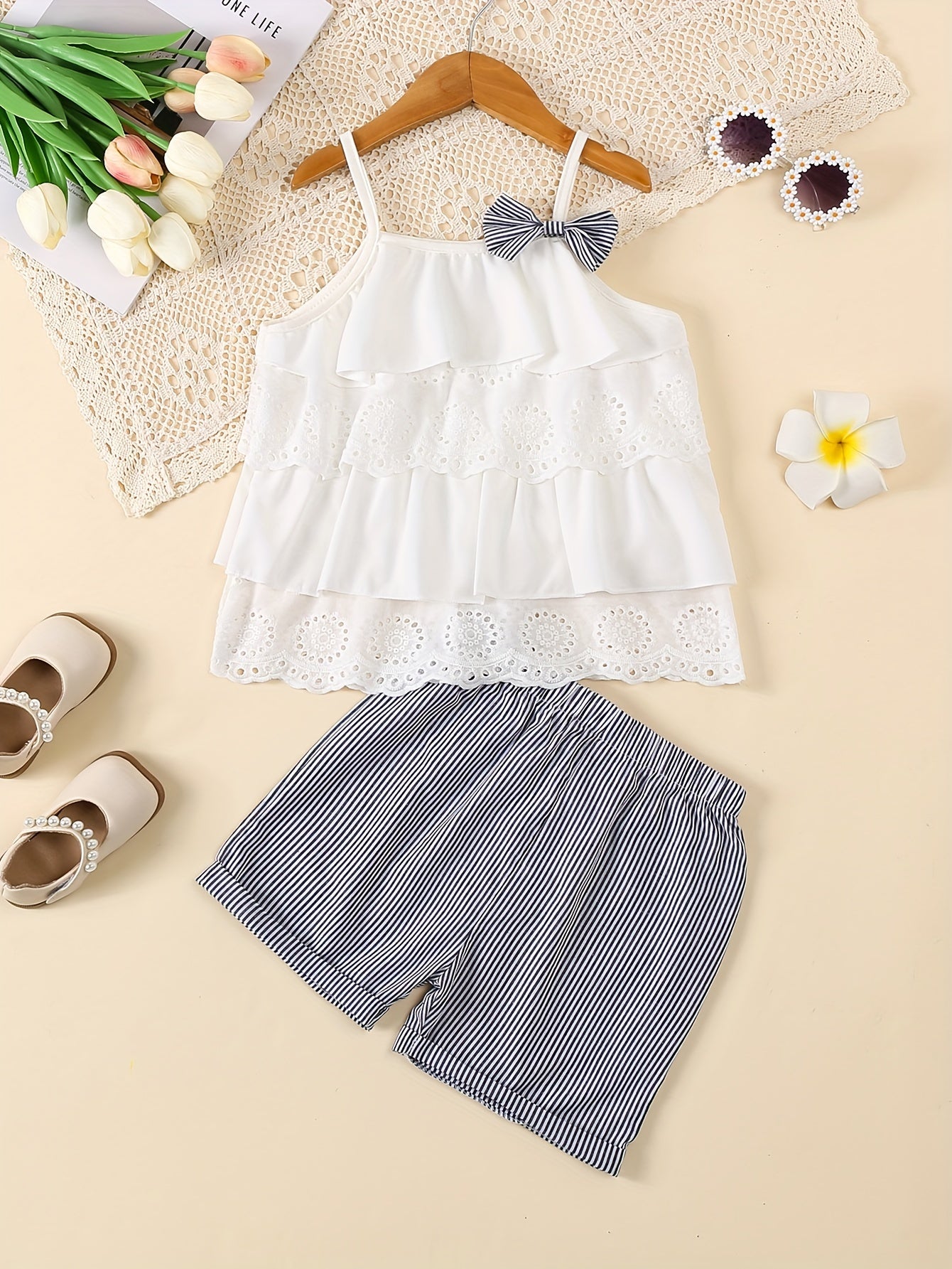 2pcs Infant & Toddler's Lovely Summer Outdoor Set, Schiffy Layered Cami Top & Shorts, Baby Girl's Clothes, Outdoor Cloth