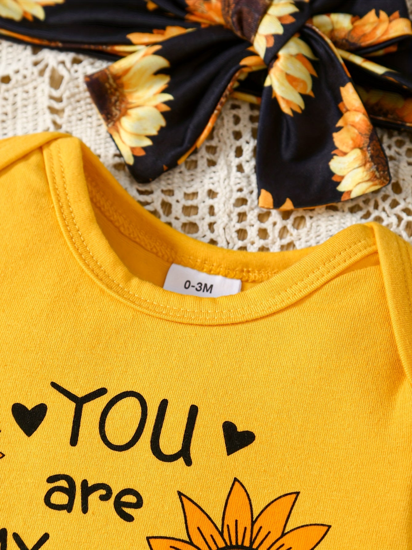 2pcs "You Are My Sunshine" Print Toddler & Infant Girl's Clothes Set, Ruffled Bodysuit & Headband & Sunflower Full Print Shorts