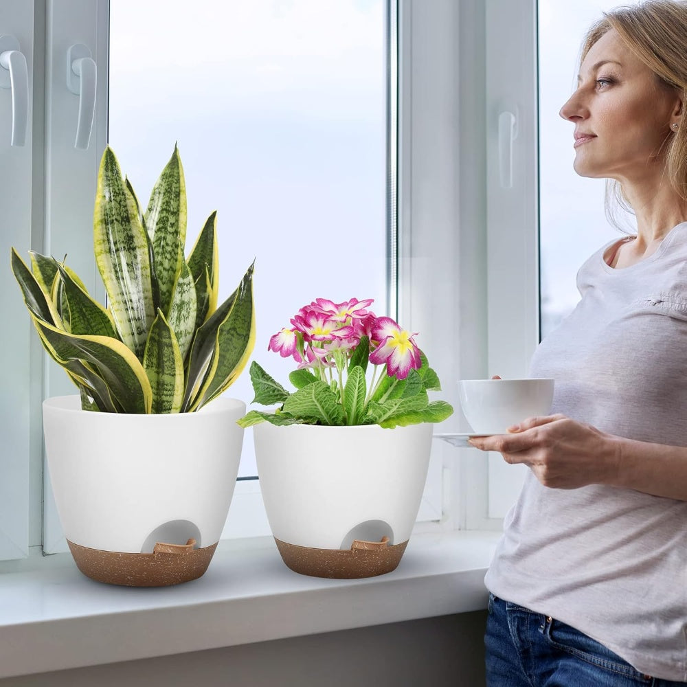 Set of 5 Self-Watering Plant Pots (5–7 Inch) – Plastic Planters with Drainage Holes & Saucers