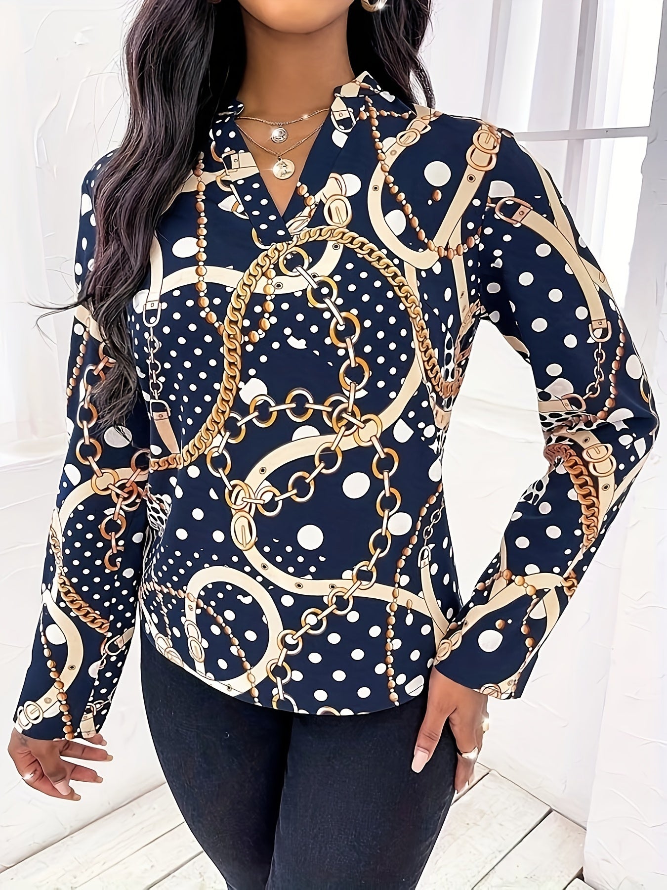 Vibrant Chain Print Notched Neck Blouse - Elegant Long Sleeve Loose Fit for Spring & Fall, Flowy Women's Clothing with Casual Chic Style