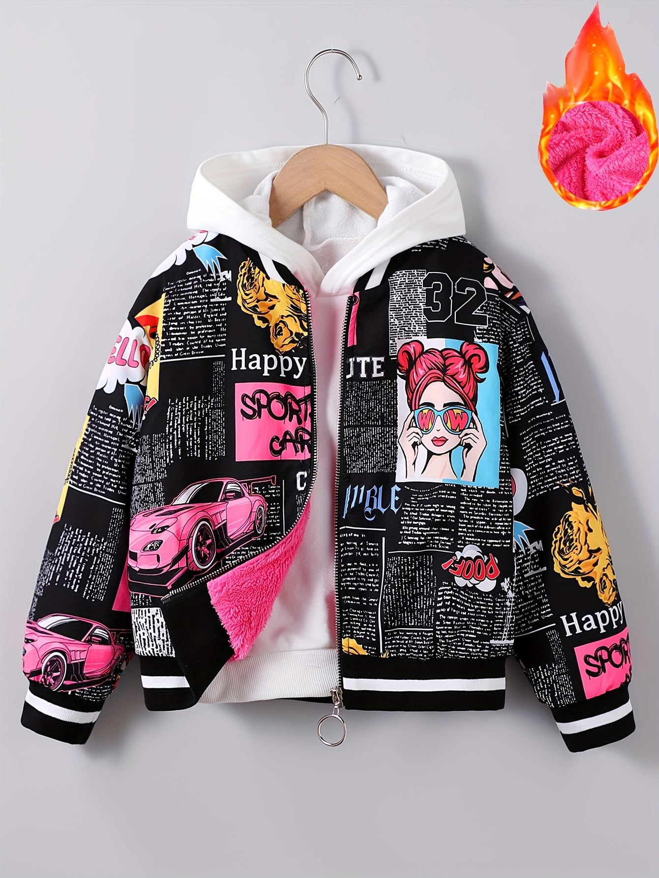 Girls' Cozy Fleece-Lined Pop Art Print Bomber Jacket - Casual Zip-Up Baseball Style Outerwear for Fall/Winter, Sizes 130-170