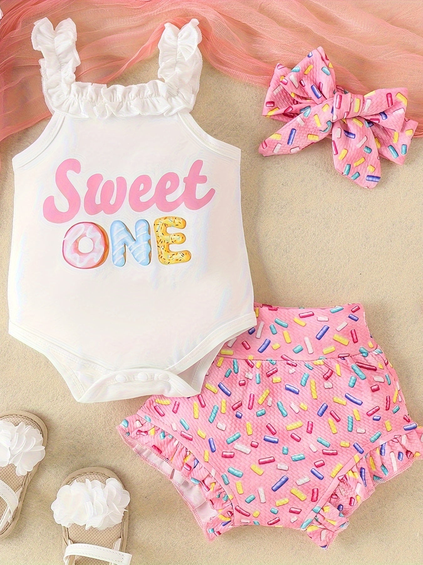 2pcs Toddler & Infant Girl's "Sweet One" Donut Print Ruffled Bodysuit, Triangle Shorts & Hairband Set for Summer Party