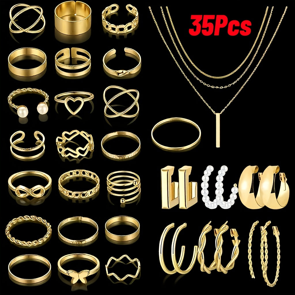 Jewelry Set Including 35/54/58/68pcs Featuring Easy Retro Designs Like Butterflies, Hearts, Faux Pearls, Twisted Knots, Stars, Moons, Wide Rings, Snake Chains, Braided Chains, And Geometric C-Shaped Earrings, Necklaces, Rings
