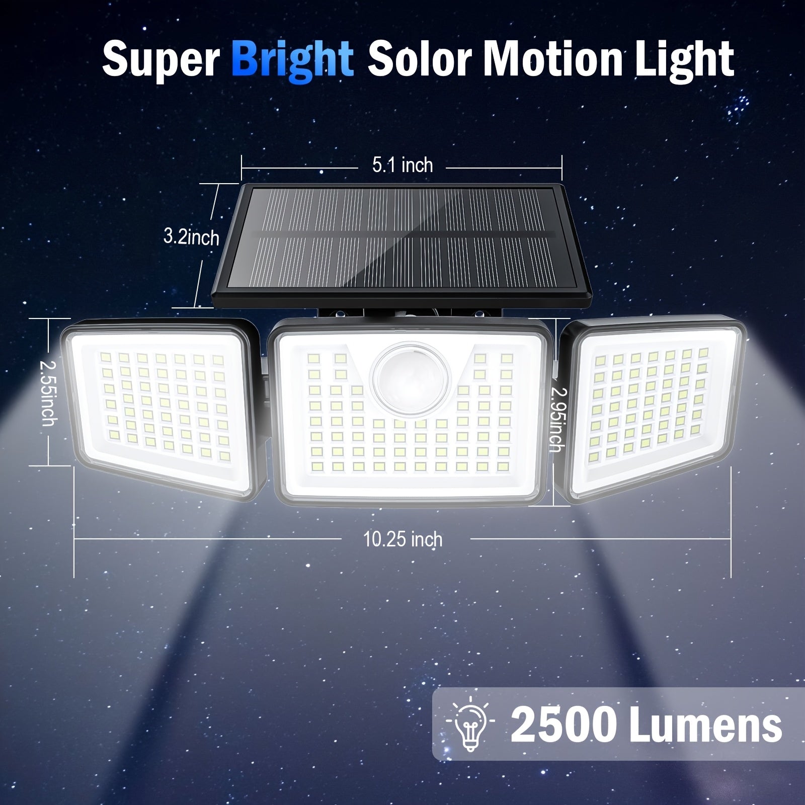 2500 Lm Solar Lights for Outdoors with Motion Sensor | 3- 270° Wide Angle Street Area Lights, IP65 Waterproof, 3 Modes, Remote Control, Suitable for Yard, Patio, Garage, Street, and More