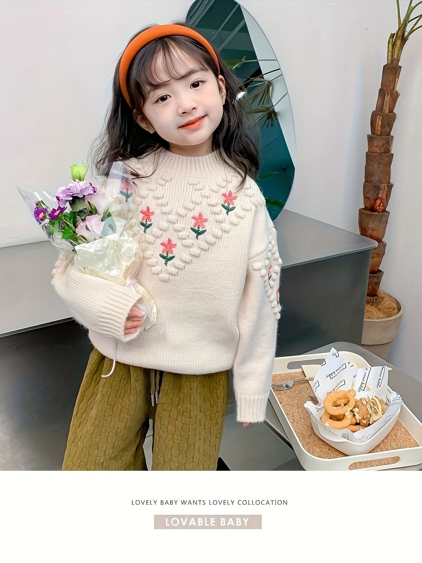 Thick Sweet Flowers Pattern Knit Comfy Crew Neck Long Sleeve Sweater For Girls Winter/ Fall Clothing