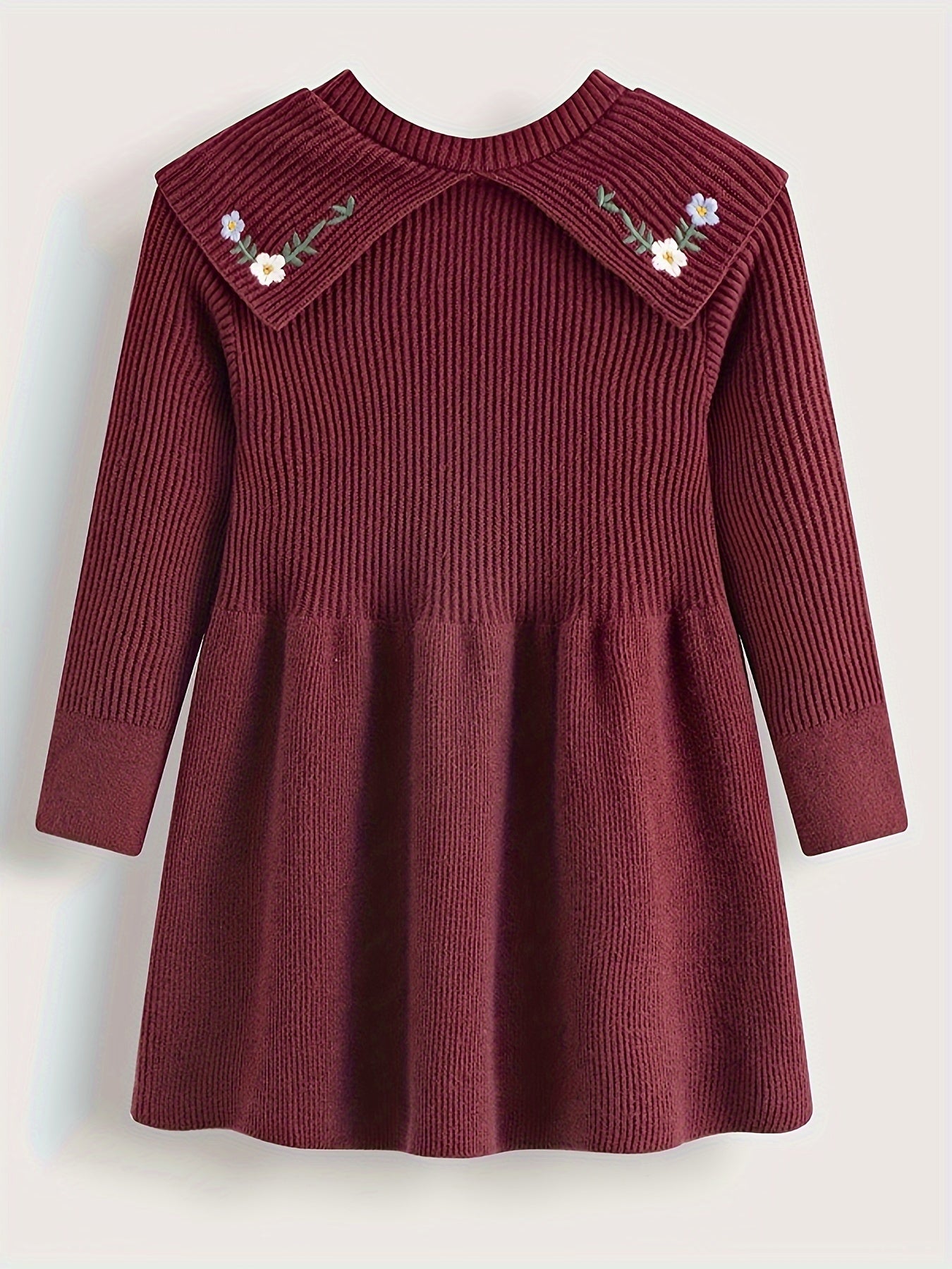 Girls' Embroidered A-line Short Sweater Dresses with Knitted Flower Pattern Lapel Collar for Fall Winter