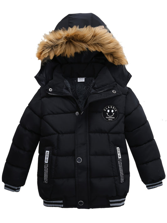 Long-sleeved Boys Thick Solid Color Jacket with Fur Collar, Zipper, and Pocket for Warm and Casual Fall Winter Clothes