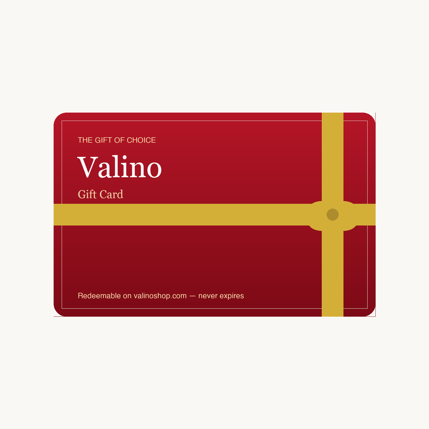 Valino Gift Card — deep red with gold ribbon and bow