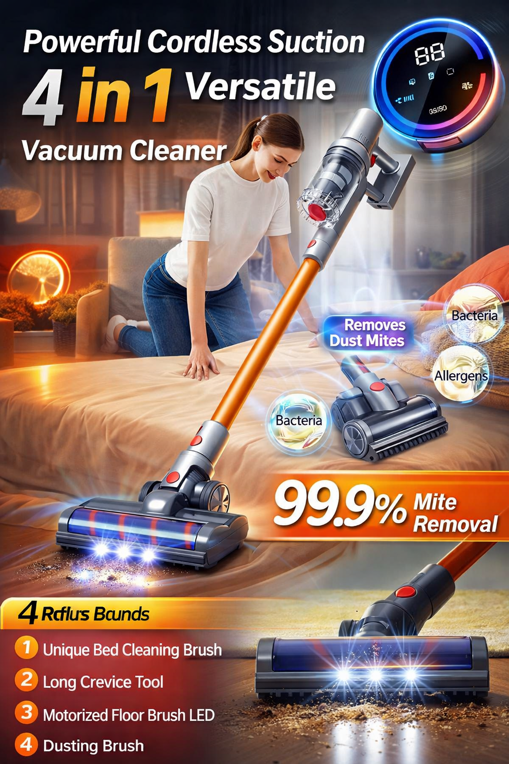 27000PA Cordless Handheld Vacuum – Touchscreen Smart Sensor Auto-Speed for Bed & Carpet — view 4 of electronics & gadgets