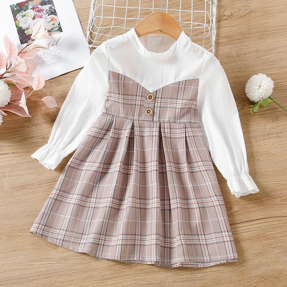 Girls Plaid Patched Pockets Irregular Dress Spring Autumn Toddler Kid Long Sleeve Casual A-line Princess Dress Children Clothing